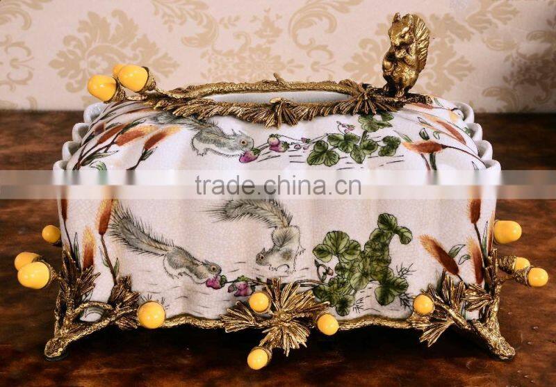 Exquisite squirrel shape brass decorative ceramic tissue box