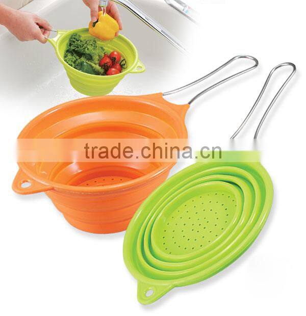 silicone collapsible colander with stainess steel handle
