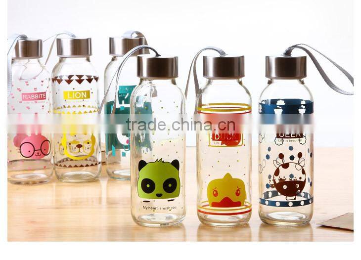 clear Eco-friendly glass water drinks bottle with stainless steel lid
