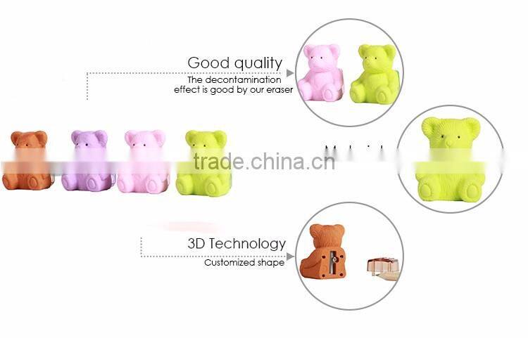 Environmental TPR Novelty Custom Bear Eraser With Bag Pencil Sharpener