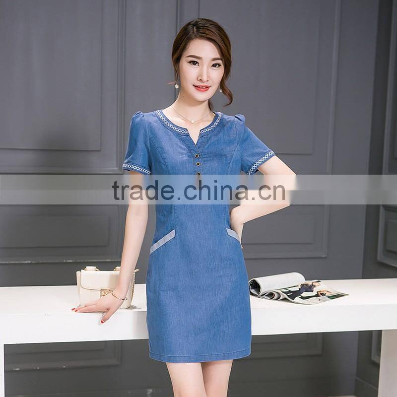 Lastest design oem spring blue v-neck short sleeve denim wash double shirt ladies dresses
