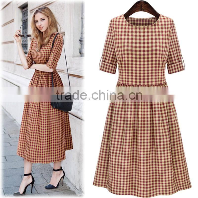 2016 Spring Red and Blue Tantan Print Women Plaid Flannel Shirt Dresses