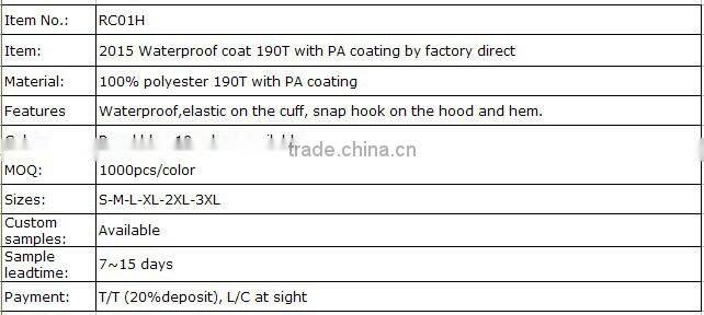 2017 Waterproof coat 190T with PA coating by factory direct