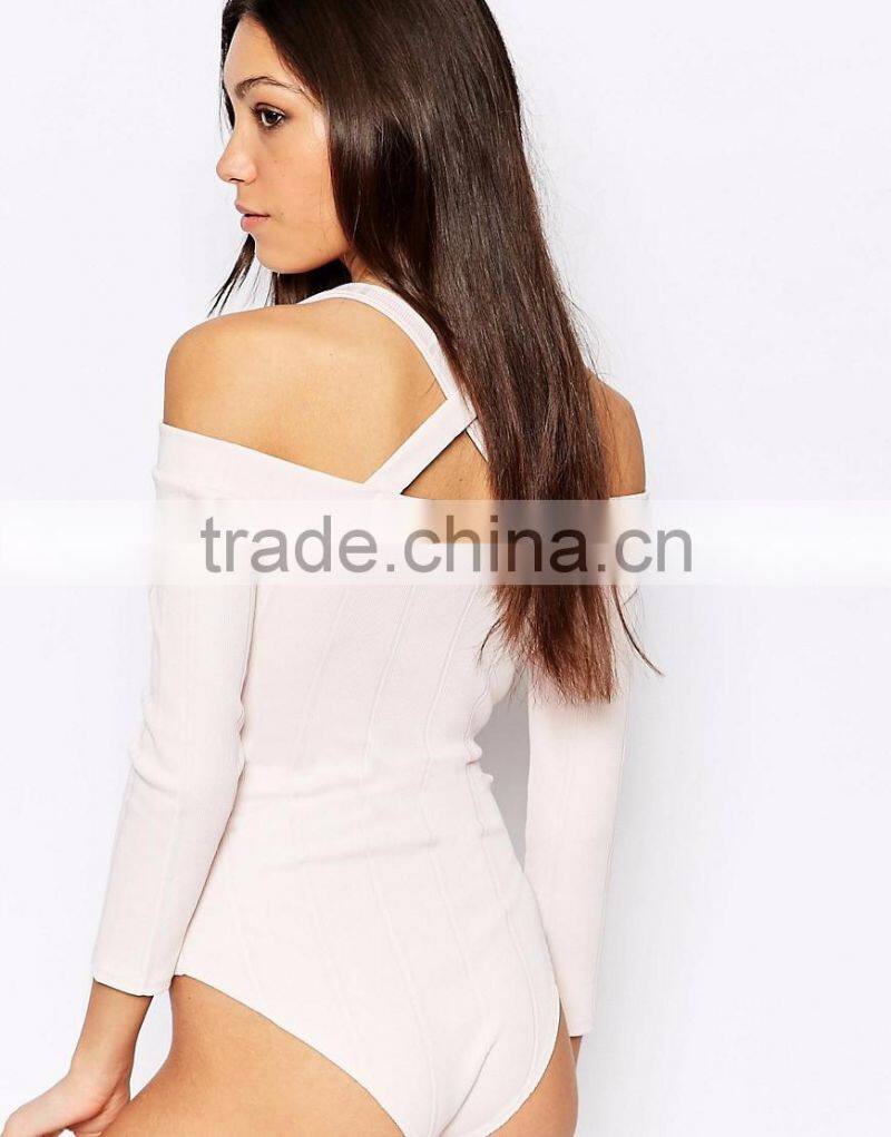 2016 Autumn Long Sleeve Sexy Women Bodysuit Plain White Halter Neck Off Shoulder Leotard In Rib Your Own Brand