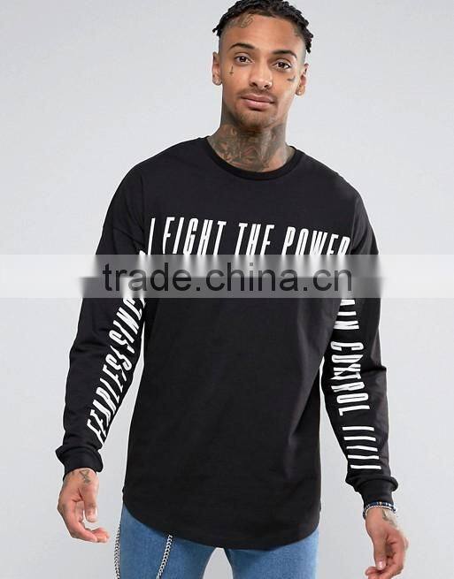 Black 100% Cotton Men's Longline Long Sleeve T-Shirt Cheap Wholesale Oversized T Shirt with Dropped Shoulers
