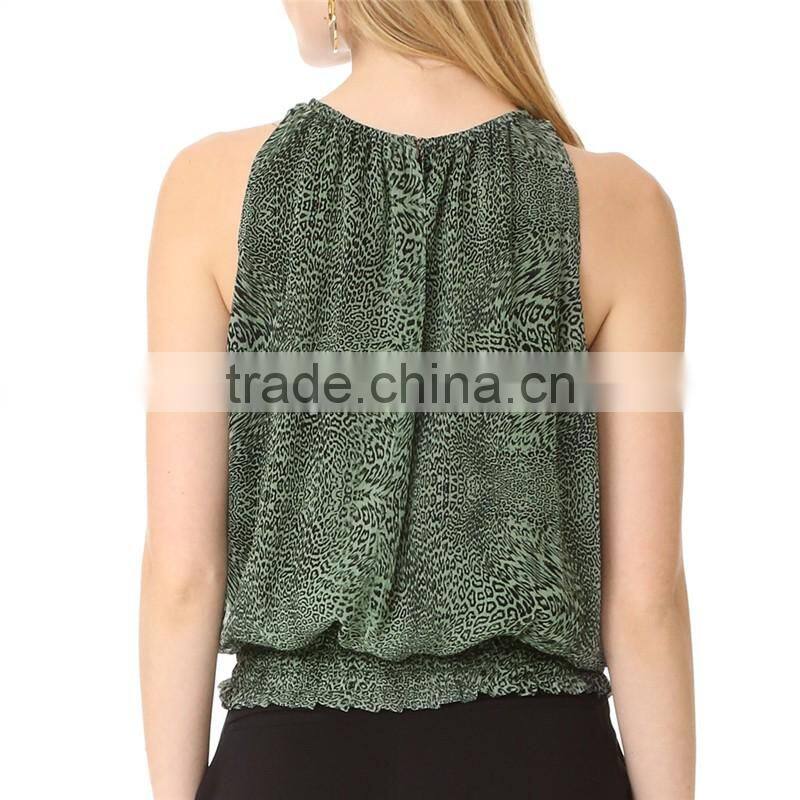 2017 OEM Women Breezy Elastic Round Neckline Leopard Blouse