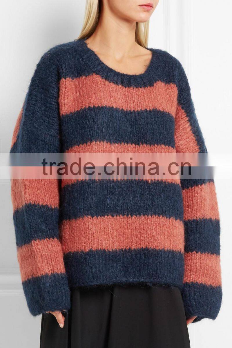 Striped Design Women Cashmere Sweater with Dropped Shoulder