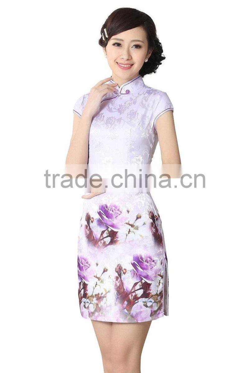 Ladies 100% cotton short sleeve reformative Chinese traditional elegant qipao dress