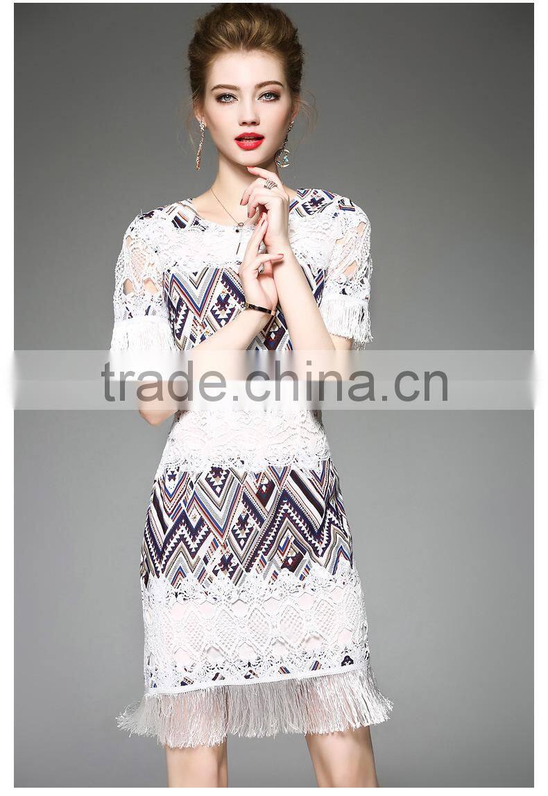 2017 New Design Factory Customized Summer Womens High Grade Slim Elegant Round Collar Tassels Short Sleeve Sexy party Dresses