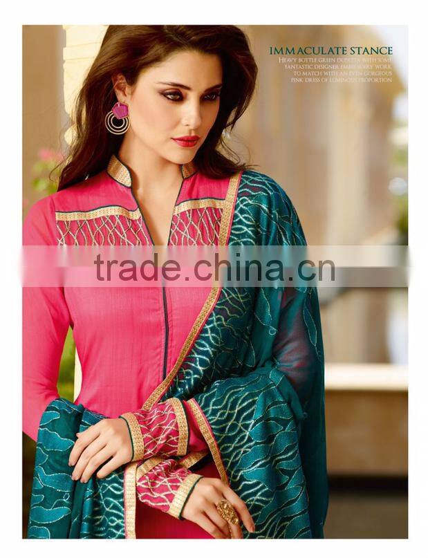 Amazing Deep Pink Color Long Straight Cut Bottom net Border Designer Semi Stitch Salwar Kameez