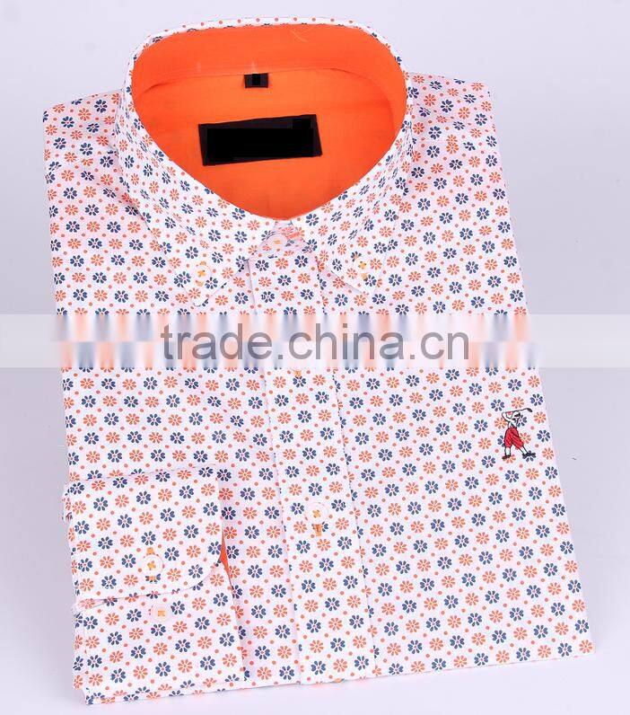 2017 floral printed men's long sleeve button down collar slim fit shirt with contrast collar and cuff