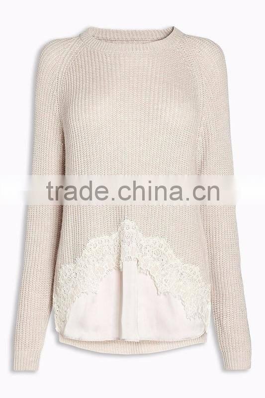 2017 Hottest Women Knit Top Sweater With Lace Trim Top