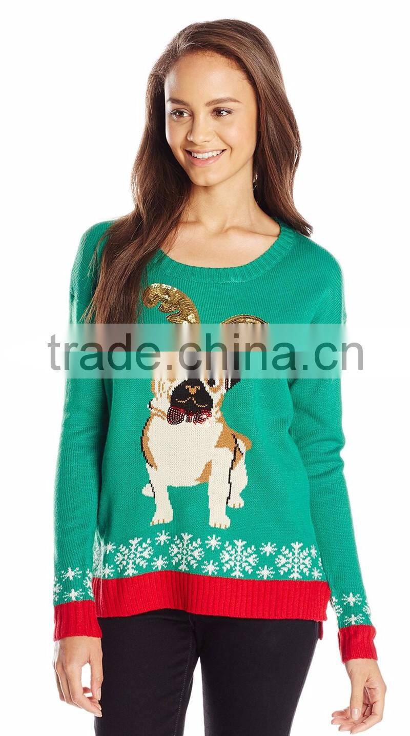new model juniors' Christmas pug with sequins plain sweater for wholesale