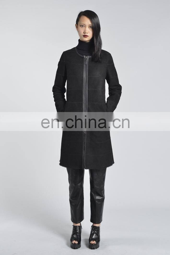 O Collar Sheepskin Fur Overcoat Top Quality Sheep Fur Leather Coat Simple Design Striped Sheep Fur Jacket