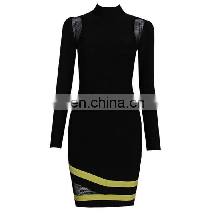 Amigo 2017 new designer black long sleeve high neck mesh midi sexy lace bandage dress evening dresses for women club wear
