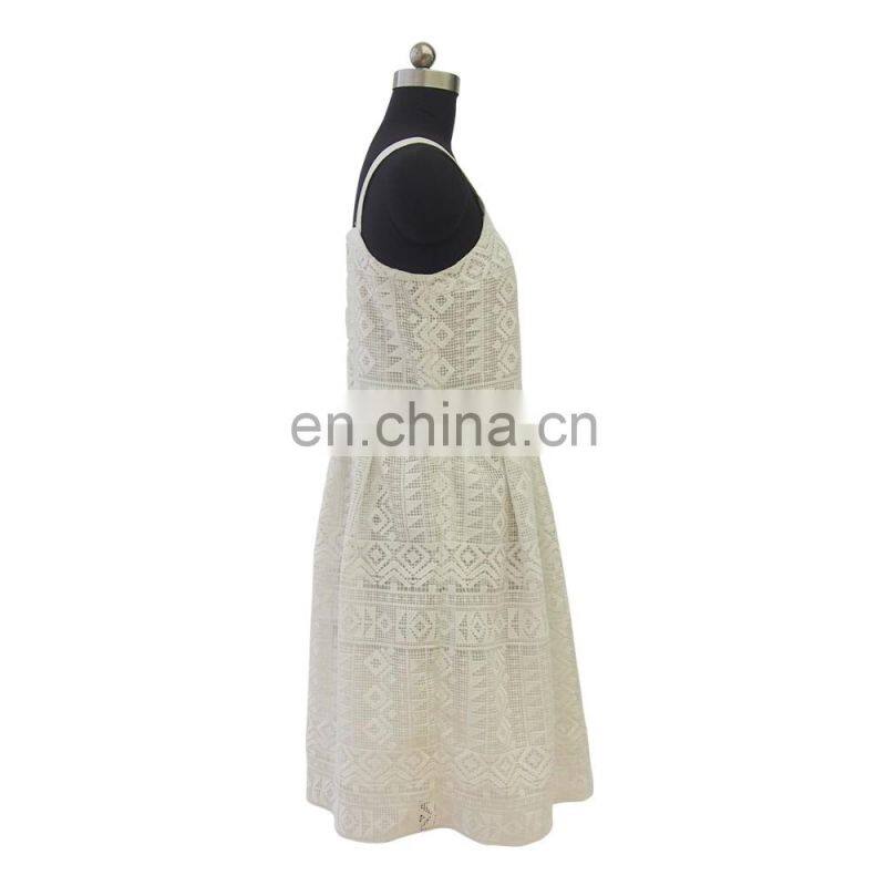Sweet girls summer style white lace knee length Spaghetti strap dress
