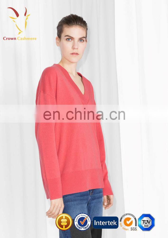 Ladies Sexy Deep V Neck Cashmere Pullover Pink Sweater