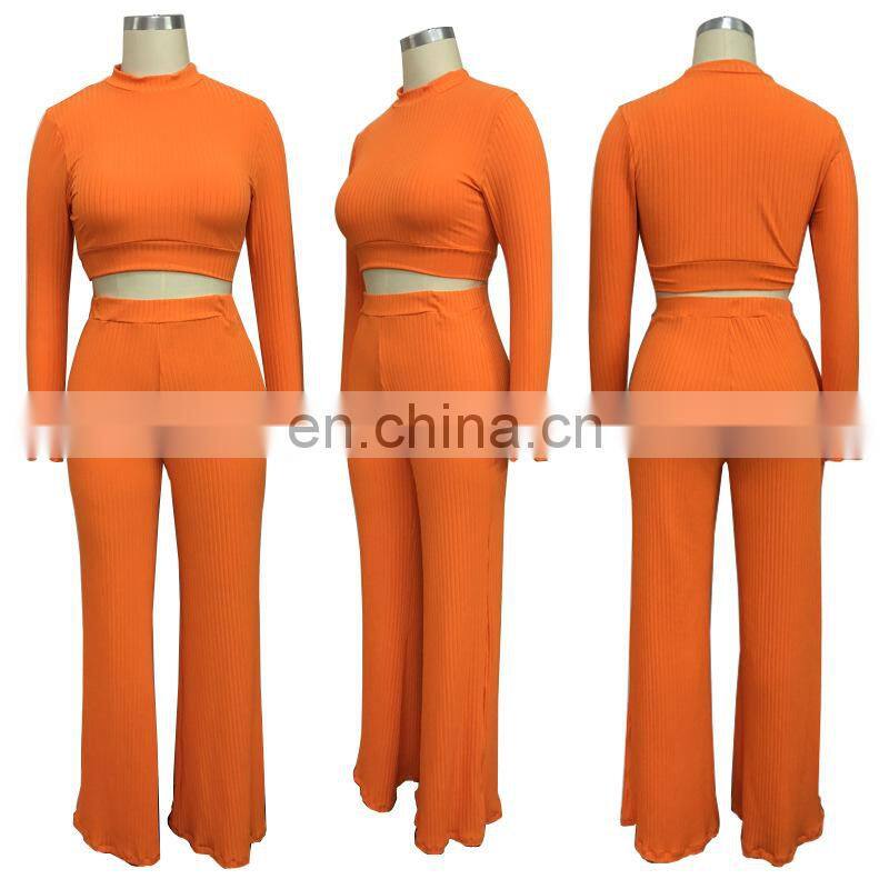 Spring and summer new sexy casual suit women solid color round neck long-sleeved wide-leg pants suit manufacturers wholesale