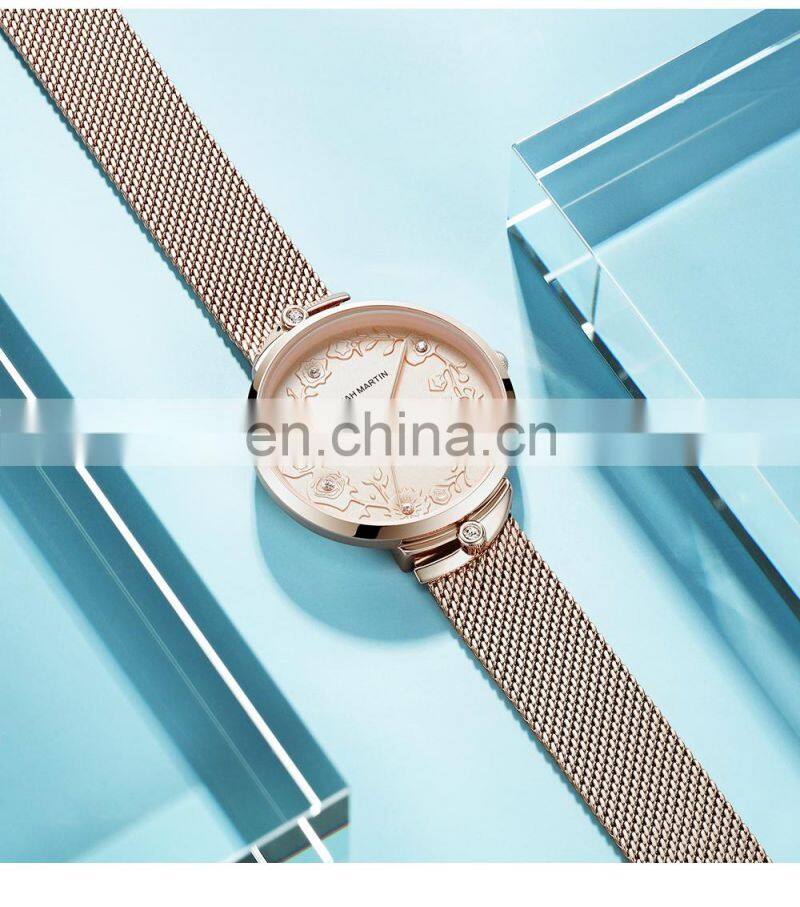 Hannah Martin 119 New Hot Sale Women Watch Rhinestone Embossed Rose Gold Mesh Belt Japanese Movement Waterproof Quartz Watch
