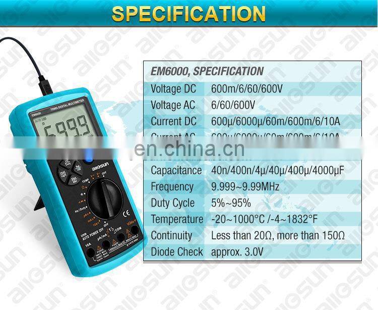 all-sun EM6000 Professional True RMS digital multimeter 3 5/6-digit LCD display multimeter max/min value recording tester