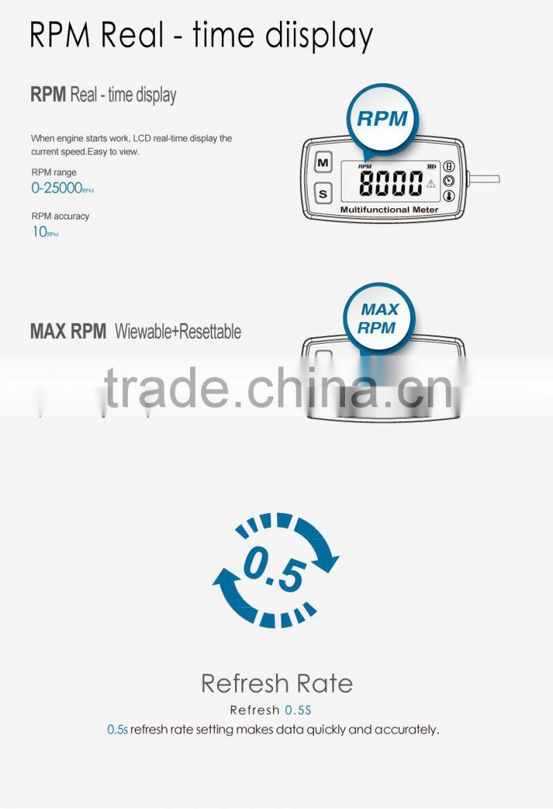 Digital LCD tach hour meter thermometer temp meter for gas engine motorcycle marine jet boat buggy tractor pit bike paramotor