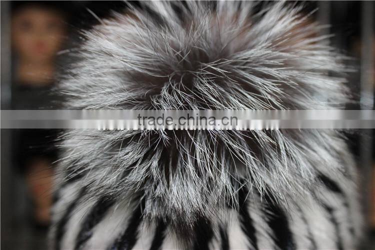 Women Beanies Real Stripe Knitted Mink Fur Caps With Top Silver Fox Fur Ball Hats