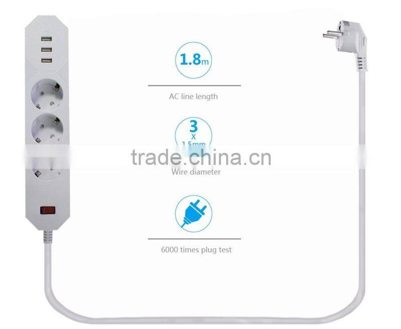 Euro German 3 way power plug socket 3 port usb 100v-250v 16a cable voltage surges protected