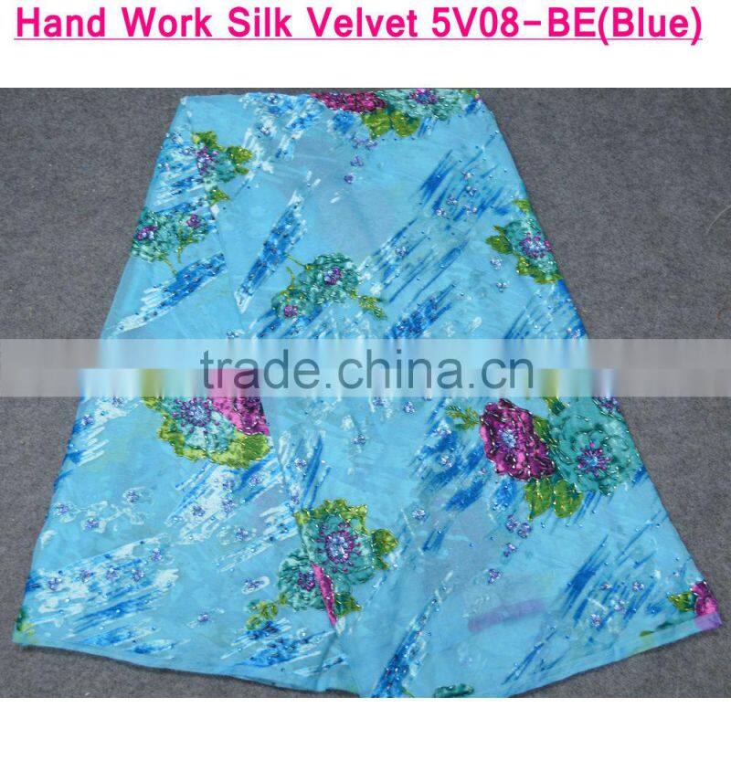 African cream silk lace fabric with velvet flowers in China