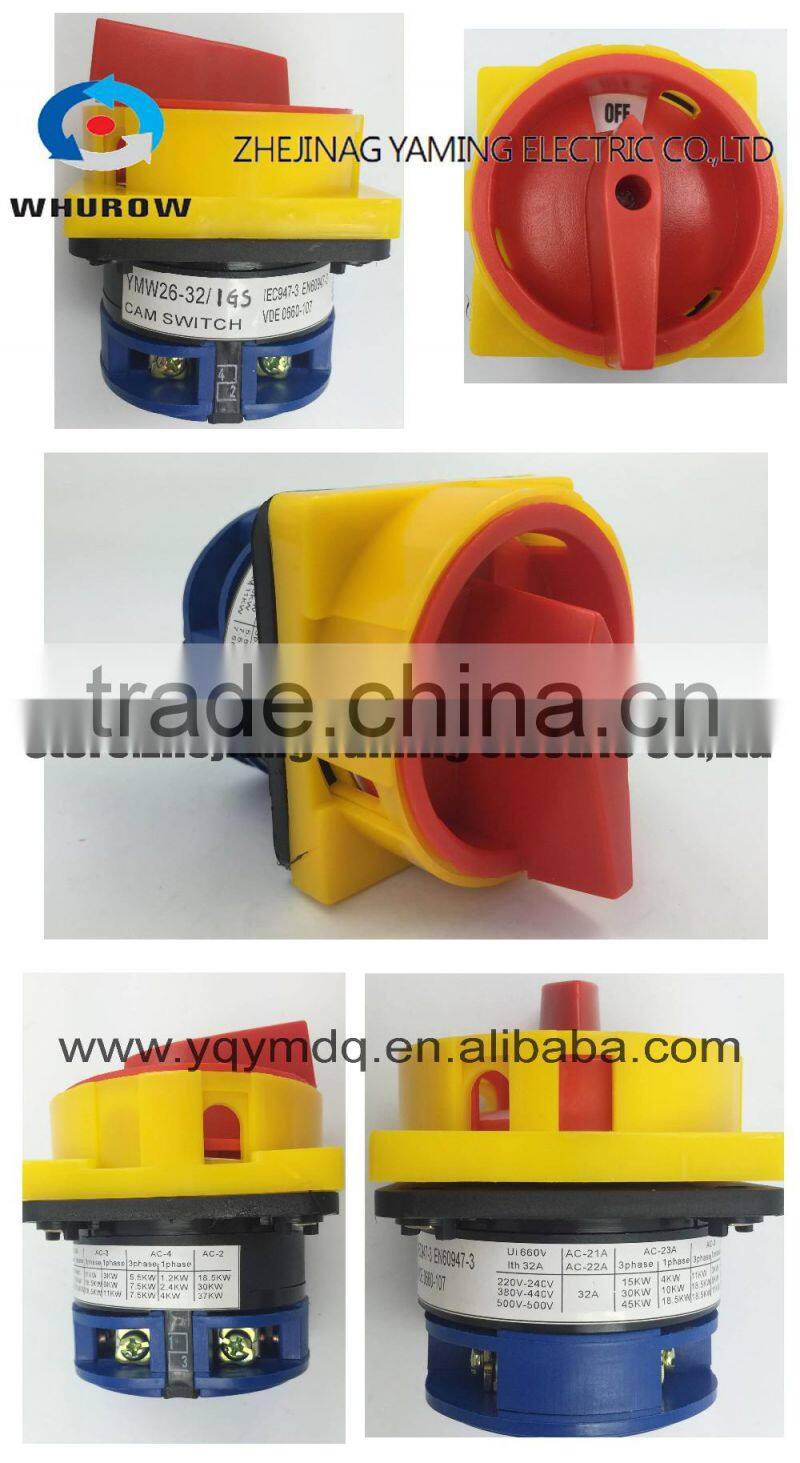 Rotary switch YMW26-32/1GS with padlock handle changeover cam switch 32A 690V 2 positons 1 section 4 terminals sliver contact