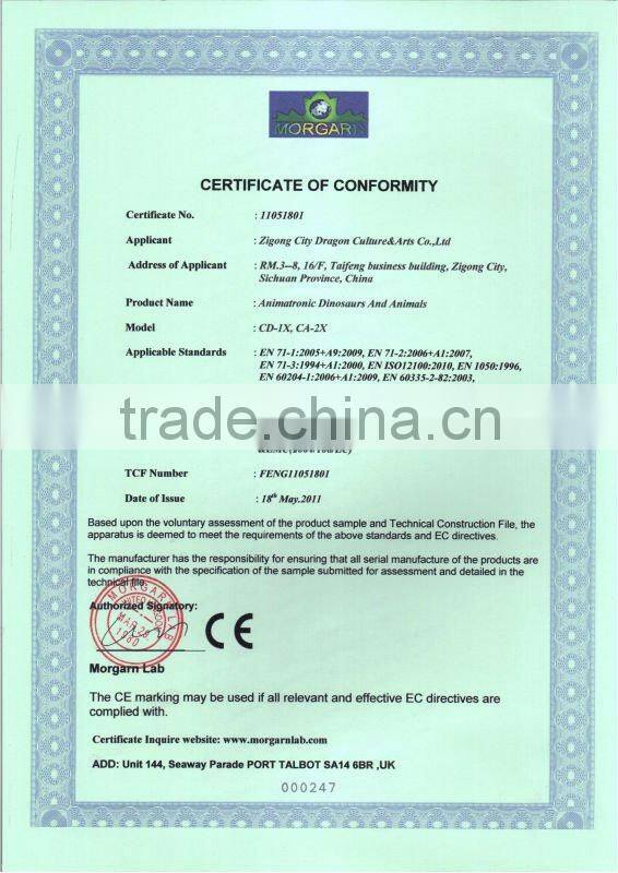 2014 great quality life size large dinosaur waterproof and fireproof with low price