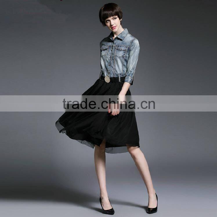 2015 new design european stylish long sleeve denim splicing gauze dress