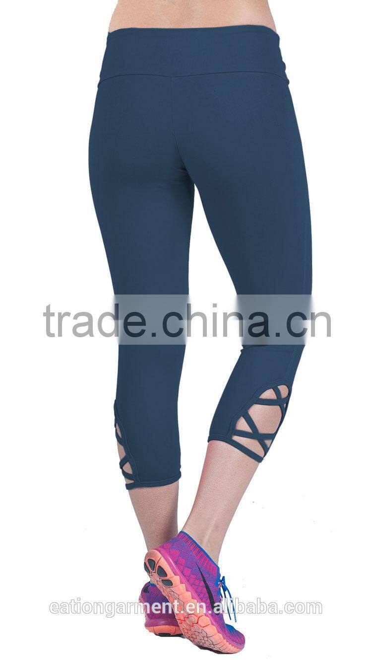 Slimming style scrunchy waist crossing straps on the bottom of each leg 4 way stretching bodybuilding fitness yogo leggings