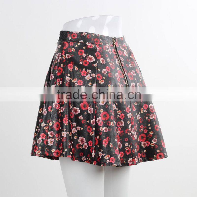 F5S43014 New Design Contrast Waistband Skater Skirt Women Floral Print Leather Skirts