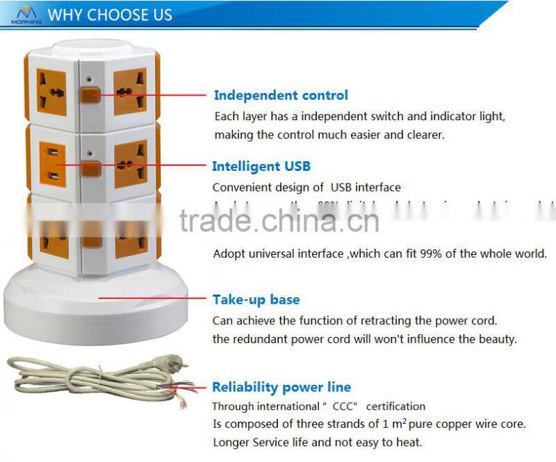 ME-S3 Three Layers Overload protection Power Extension Tower of Vertical Rotary Socket with One Meter power line and Four USB