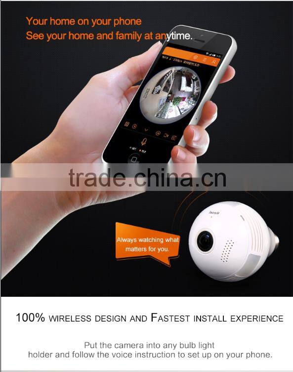 WiFi Fisheye Cloud Smart Bulb 360 degree fisheye lens camera with two-way audio and 128G recording feature