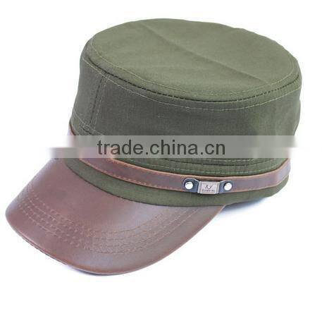 military captain caps in stock flat top adjustable army green leather fitted military uniform cap