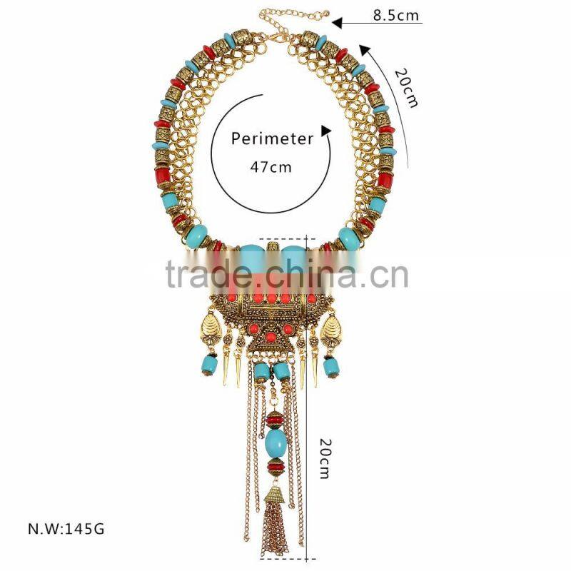 New Arrive Women Chunky Statement Necklace Turquoise Tassel Necklace Wholesale