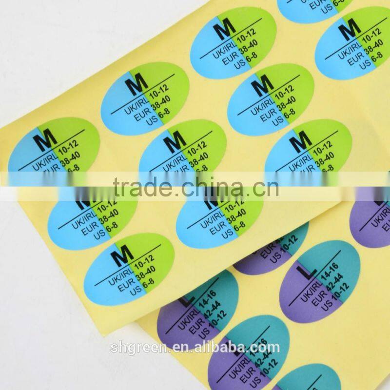 Colorful size sticker for garment