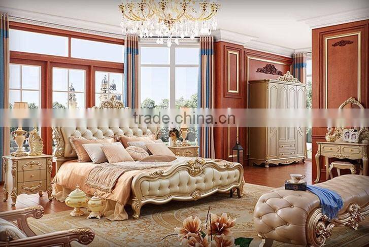 Luxury solid wood bedroom furniture golden carving leather bed bench