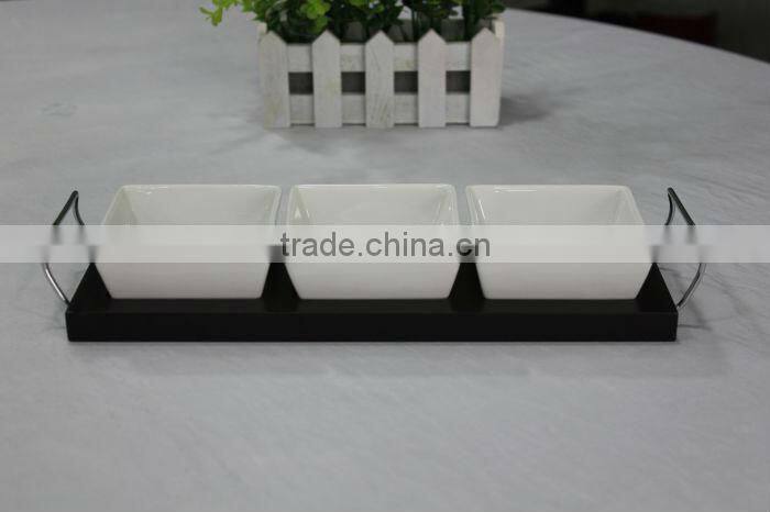 ceramic dessert plate with wood tray