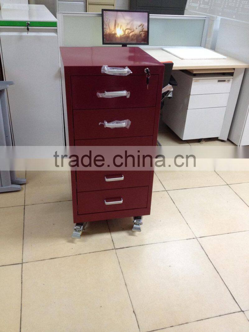 Red metal mobile pedestal with wheels cashier cabinet