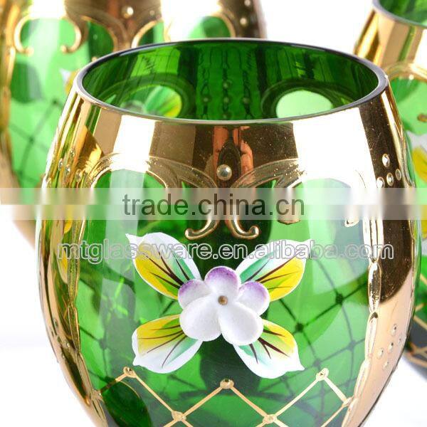 elegant beautiful green and golden wine glass set