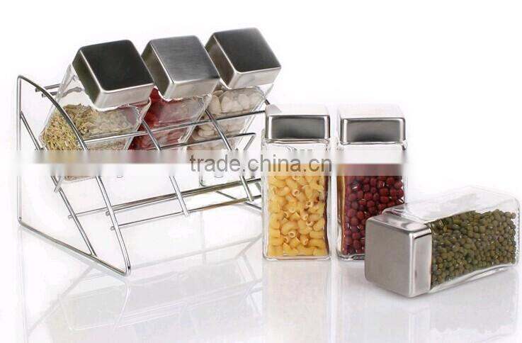 2016 mini clear square glass seasoning pot set with rack