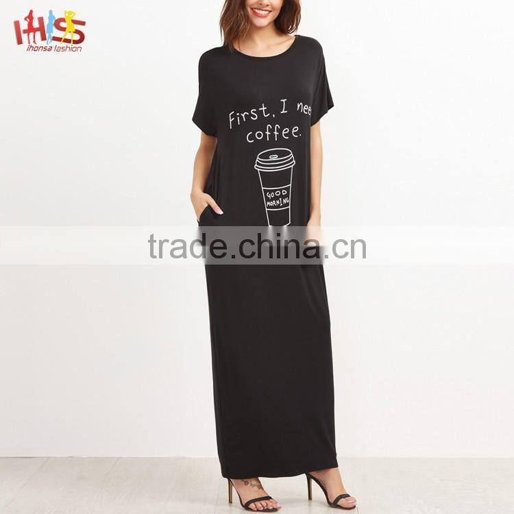 Black Graphic Print Maxi Tee Dress With Side Pocket Fashion Boho Vintage Maxi Long Dress HSd7071