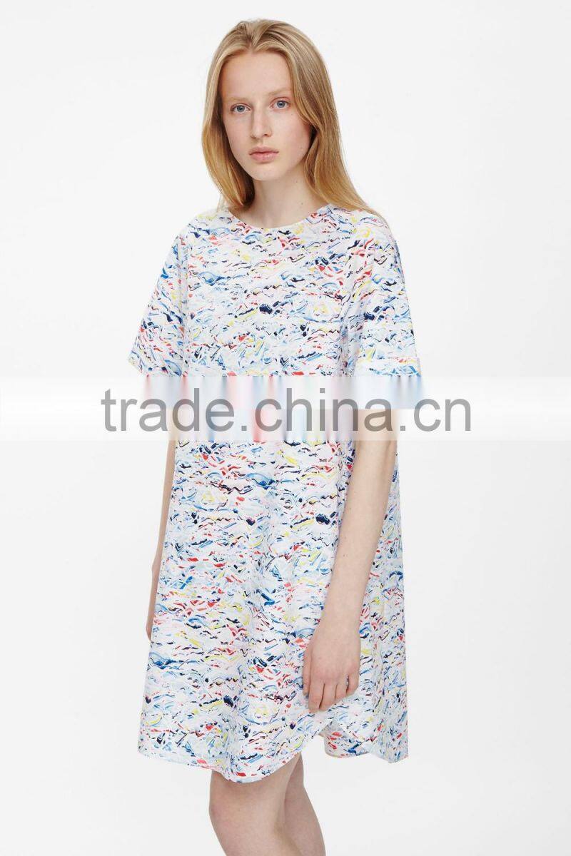 wholesale flared A-line soft women cotton poplin pleat-back printed dress pattern