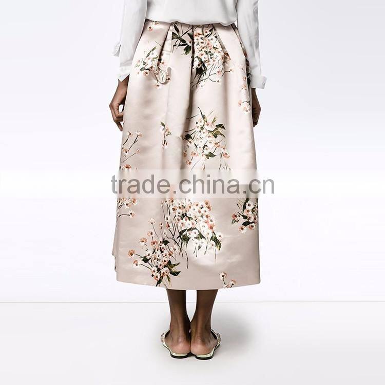 HAODUOYI Women Flower Printing Skirt Casual Midi Elegant High Waist Satin Skirt