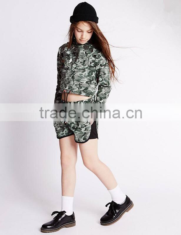 cotton rich Girls' Camouflage Print Hooded top+short kids teenagers pullover hoodie suit (5-16years)