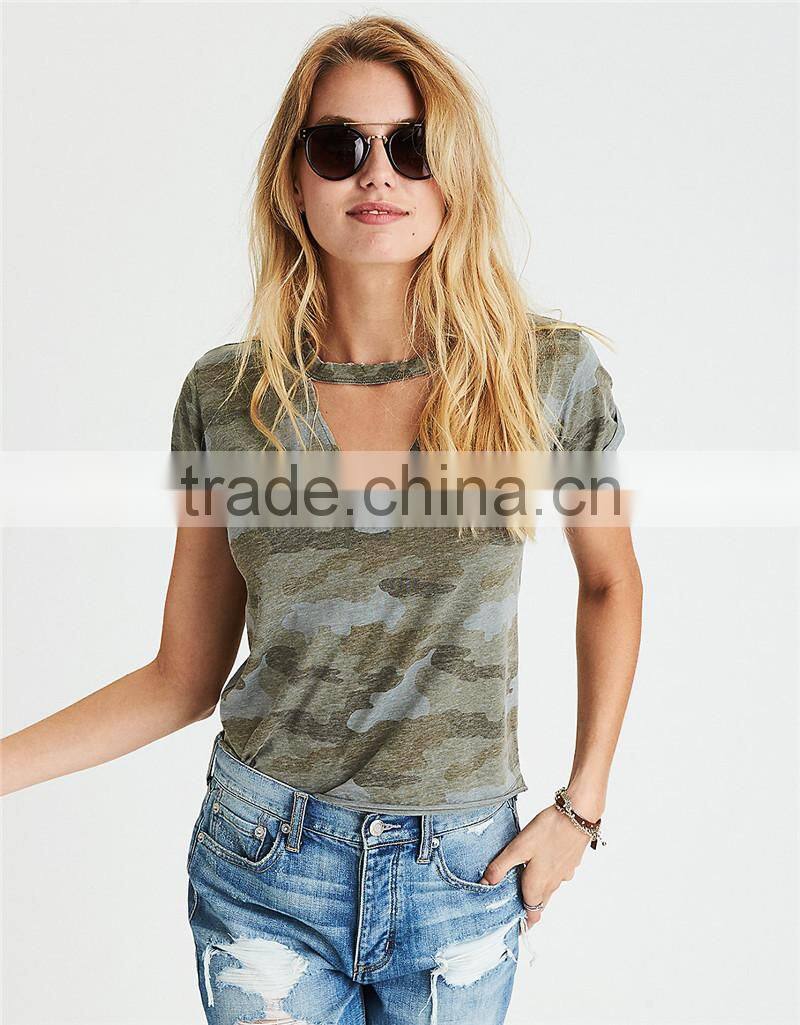 MGOO Wholesale Slim Fit Raw Cut Hems Camo T Shirts Full Digital Print Cutout T Shirt For Women