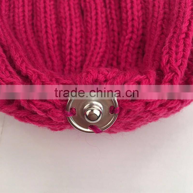 Myfur Hot Pink Rose Winter Wool Knit Hat with Fox Fur Pompom Attached