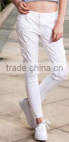 Runwaylover EY0621P custom newest fashion stretch White holes denim jeans women negotiate price